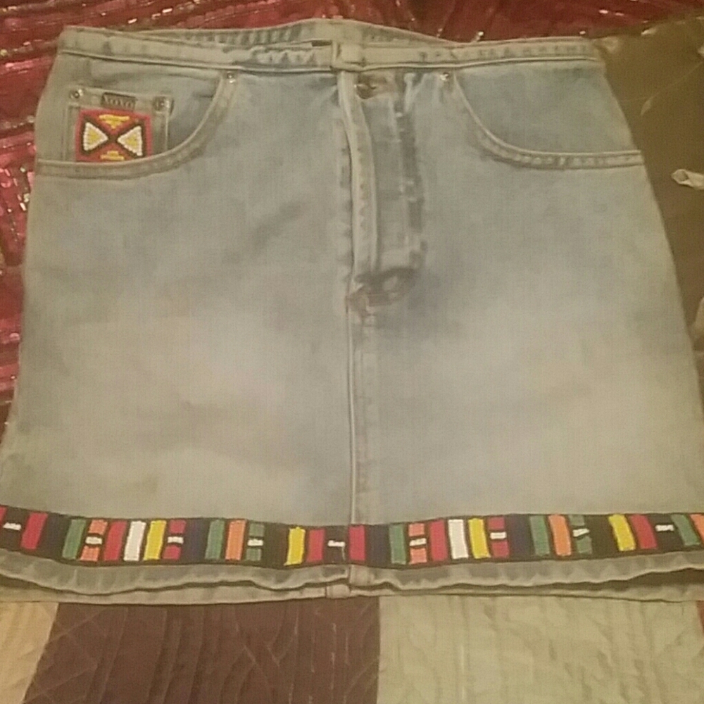 A retto, beaded denim mini skirt